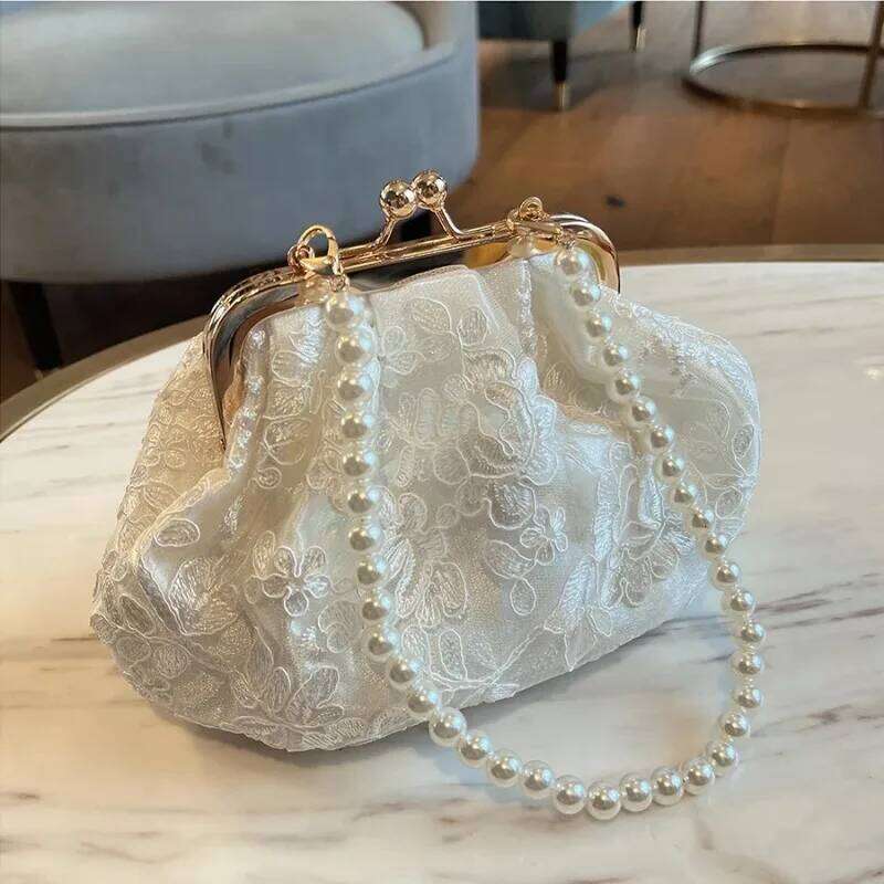 Embroidered Evening Handbags Pearl Chain Shoulder Bag All-Match Clip Dinner Party Clutch Purse Luxury Women Messenger Bags White Y260205