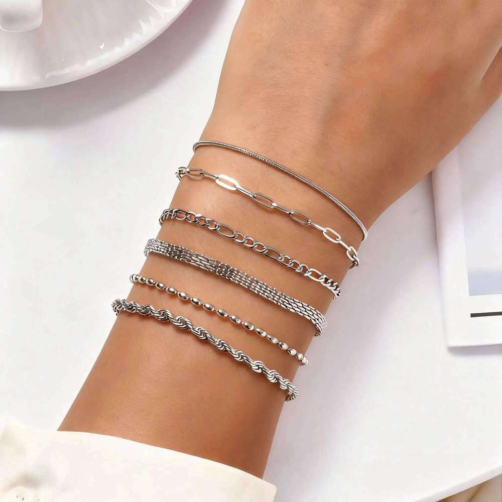 Dainty Stainless Steel Silver Color Bracelets For Women Girls Simple Twisted Snake Beads Chain Wrist Jewelry Set Gifts 26H0206