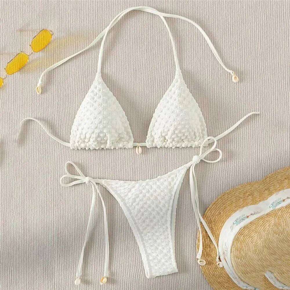 White String Micro Bikini Thong Sexy Swimsuit Women 2025 Shell Decorate Swimwear Bathing Suit Halter Triangle Bikinis Sets Mujer Z260206