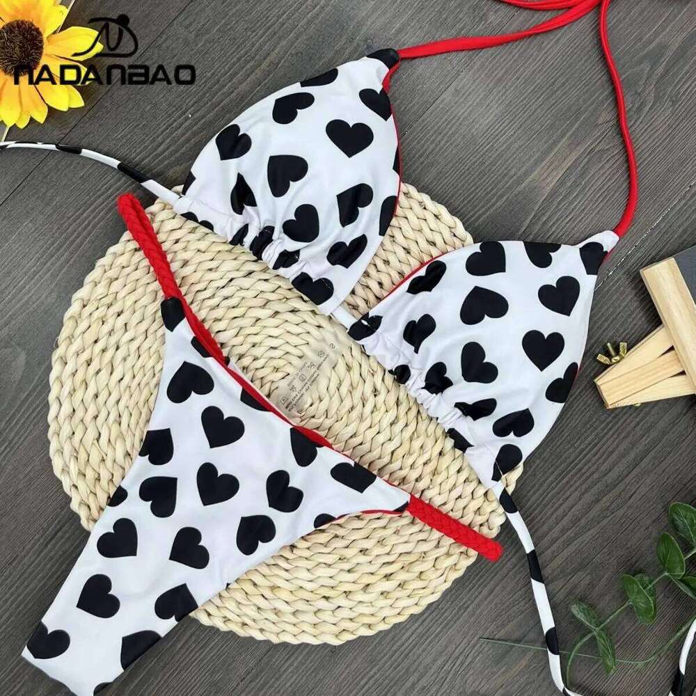 Nadanbao Sexy Heart Print Bikini Sets Women Fashion Backless Beach Party Swimwear Female Halter Plicated Two-Piece Swimsuit Z260206