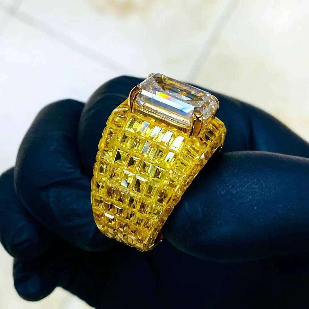 Custom Jewelz Men's Sterling Silver Gold Plated 12G Iced Out Emerald Cut Moissanite Hip Hop Ring With Prong Setting