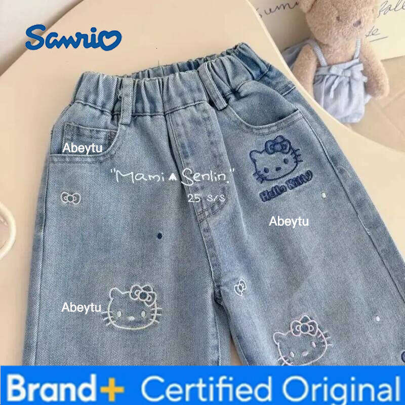 Sanrio Hello Kitty Straight Leg Jeans Girls Casual Spring 2025 New Cartoon Cute Kitten Embroidery Trendy Fashion Denim Pants H260206