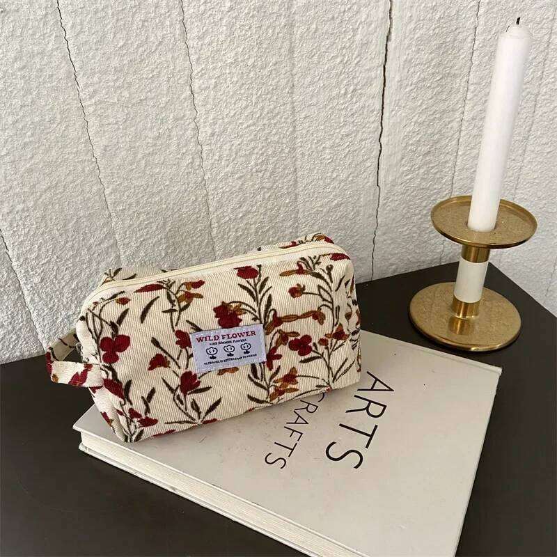 Corduroy Makeup Bags for Women Floral Print Cosmetic Pencil Travel Toiletry Storage Bag Organizer Beauty Case Y260206