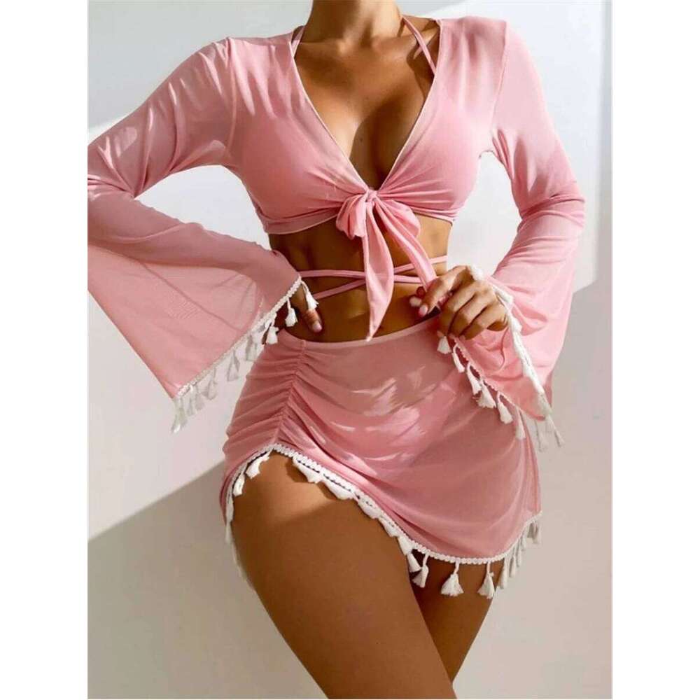 Sexy 4 Pieces Halter Bikinis Women Solid Swimwear Female Cover Up Swimsuit Long Sleeve And Skirt Bathing Suit Beachwear Summer Z260206