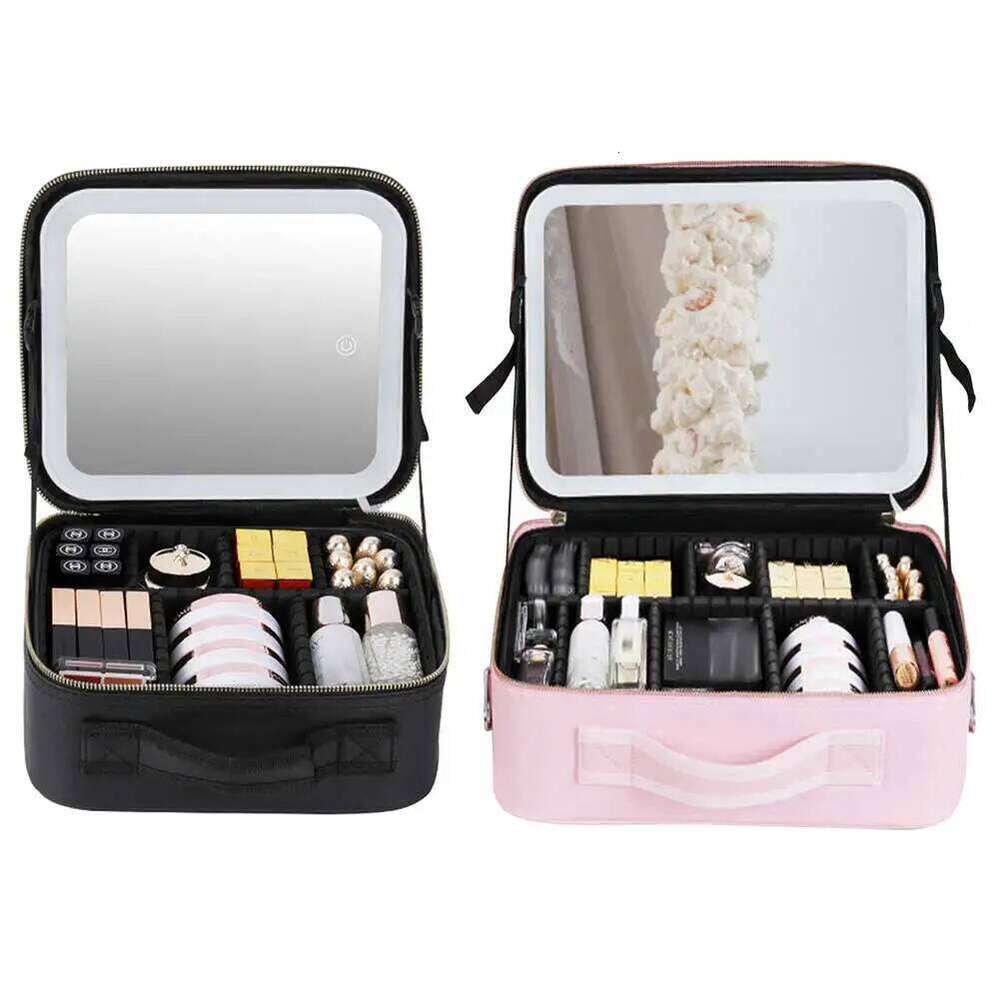 Smart LED Cosmetic Case with Mirror Women Makeup Bag Portable Large Capacity Fashion PU Leather Casual for Weekend Vacation Y260206