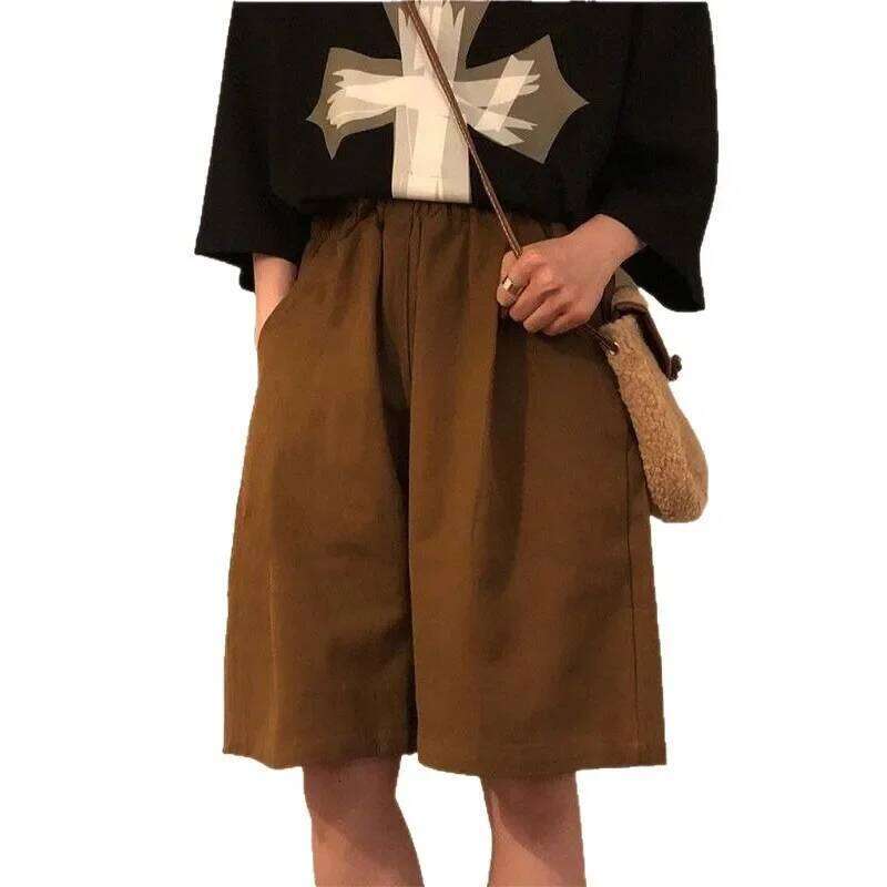 Retro Brown Workwear Pants Casual Suit Shorts Women Summer Thin Loose Wide Leg Five-Quarter Over-Knee Straight Mid-Pants XJ260206