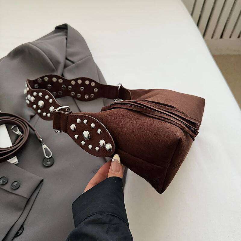 MOODS Fashion Shoulder Bags For Women Rivets Tassels Decored PU Suede Cross Body Bag 2025 Autumn Latest Luxury Designer Handbags Y260205