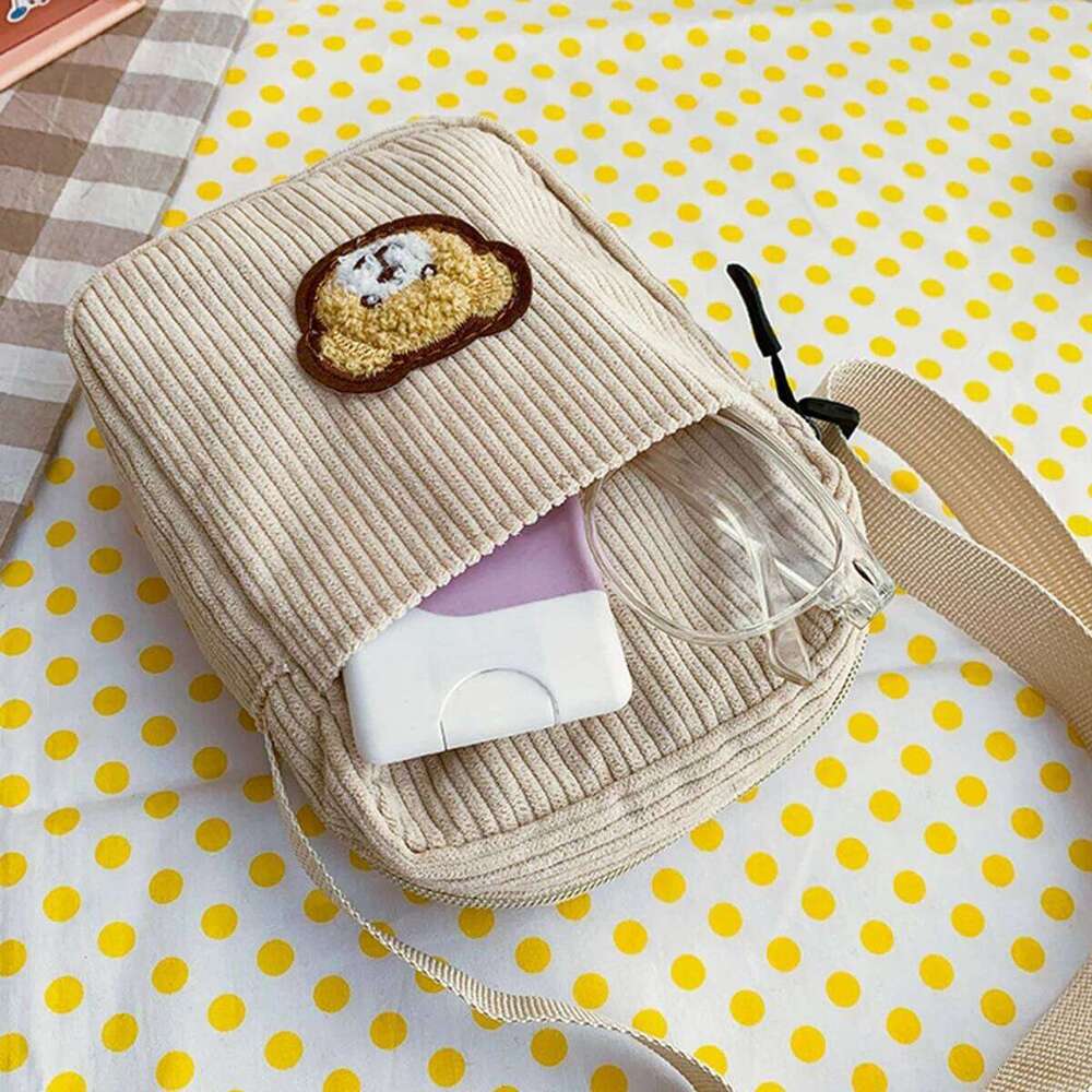 Khaki corduroy fashion small exquisite mobile purse with a simple and fresh cute cartoon shoulder crossbody bag XJ260129