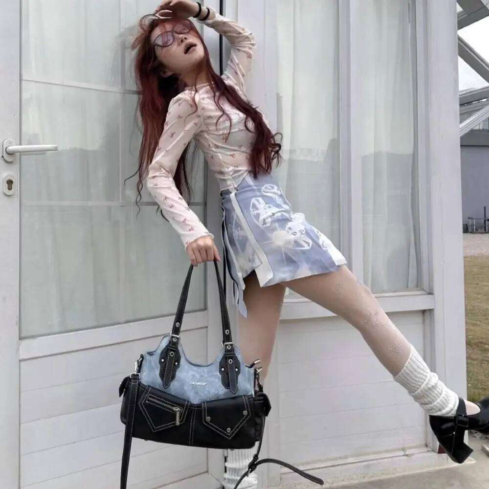 PU Women's Shoulder with Denim Patchwork Large Capacity Crossbody Bag Casual Design Crossed Color Armpit Handbag Y260205