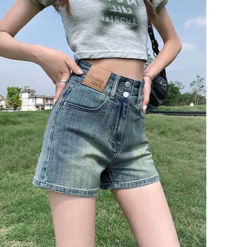 Women's Summer Double Button Denim High Waist Slimming Design A-line Jeans Shorts C260206
