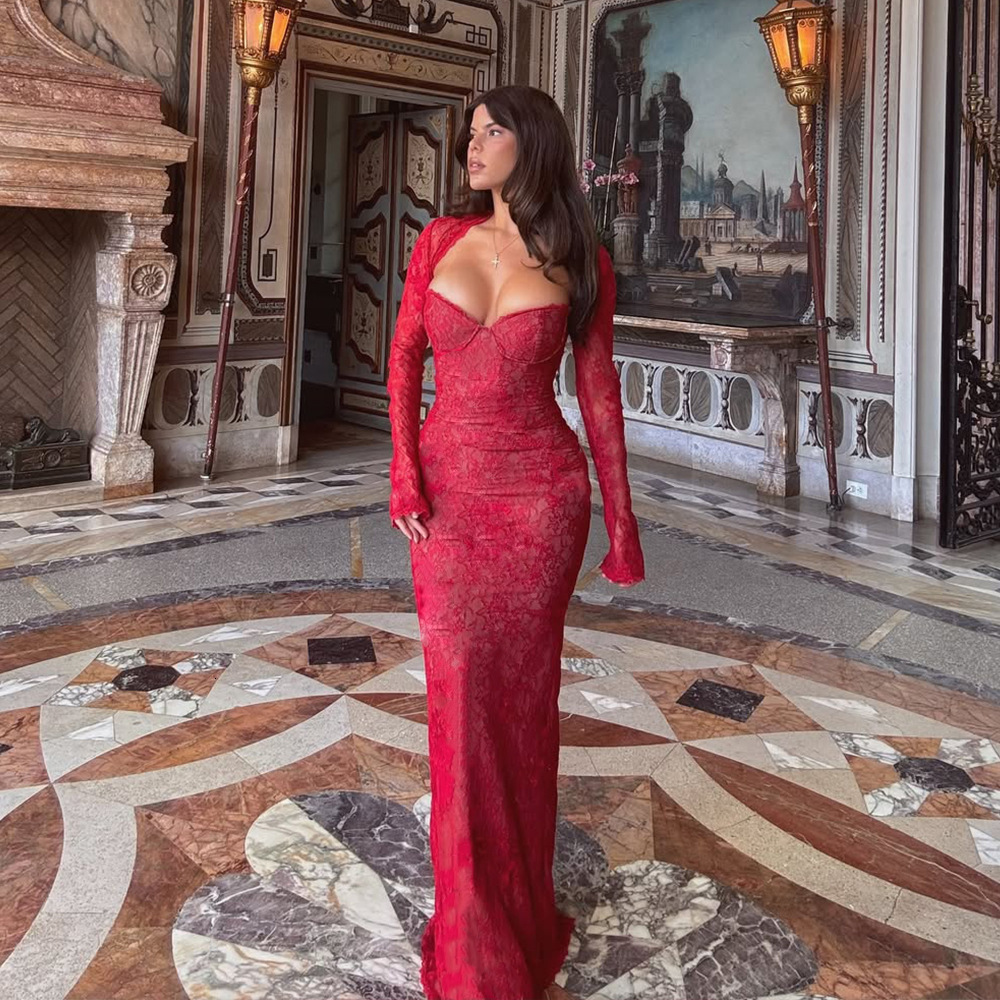 Spring/Summer New Lace Sheer Shawl Long Sleeve Top Sexy Tight-Fitting Tube Top and Mermaid Skirt Set 240627