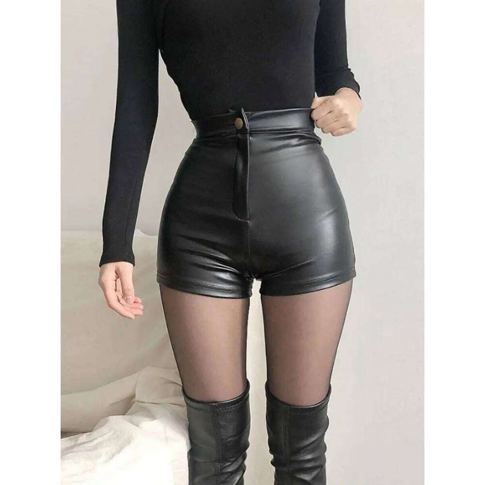High Waist Shorts Women PU Skinny Solid Sexy Girls All-match Bodycon Autumn New Elastic Korean-style Hot Sweet Trendy Vintage XJ260206