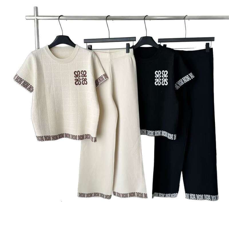 26 Summer New Round Neck Jacquard Pattern Knitted Short Sleevewide-Leg Pants Two-Piece Fashionable Set For Women
