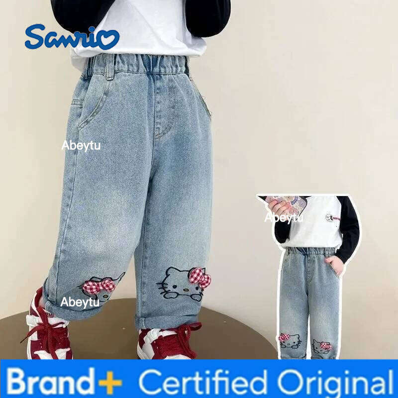 Sanrio Spring Autumn Baby Girls Denim Pants Cartoon Hello Kitty Loose Straight Casual Jeans For 2-6 Years Kids Children Soft Trousers H260206