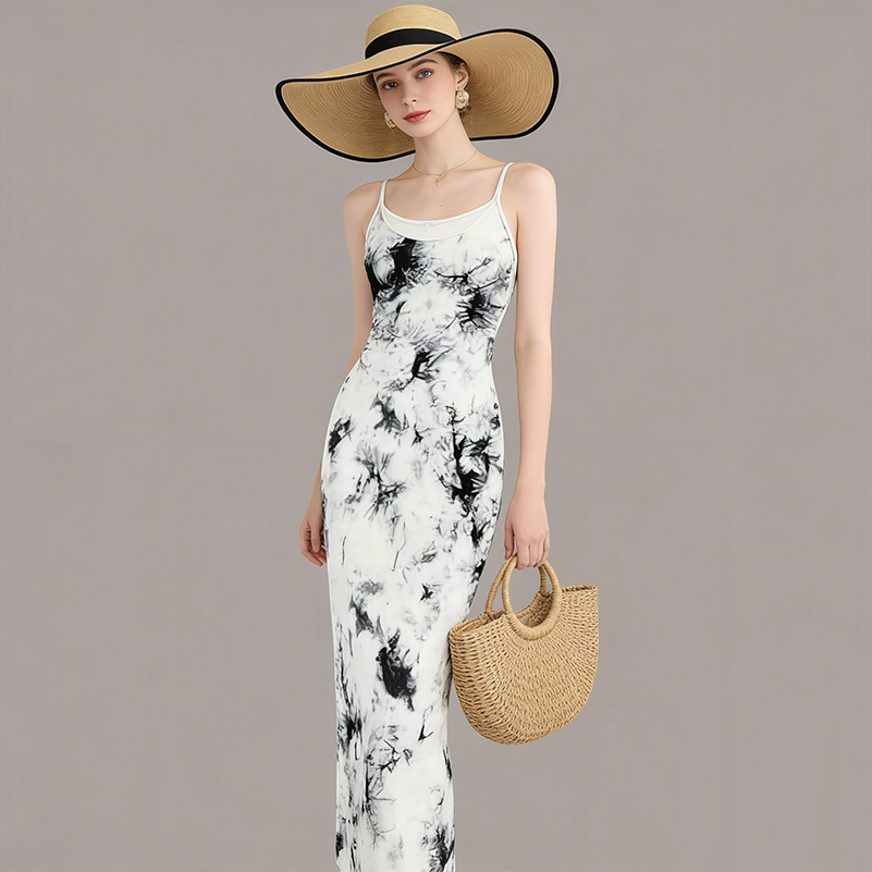 Women's Milk Silk Camisole Dress Ink Wash Print Slim Fit Bodycon Midi Dress for Daily Commute