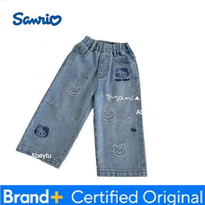 Sanrio Hello Kitty Straight Leg Jeans Girls Casual Spring 2025 New Cartoon Cute Kitten Embroidery Trendy Fashion Denim Pants H260206