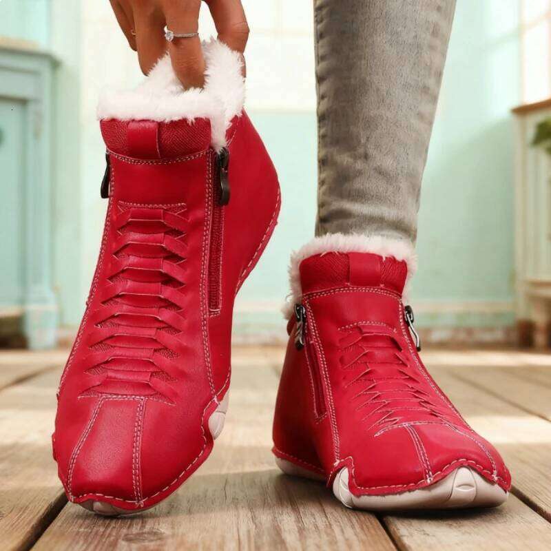 Casual Side Zipper Short Boots Versatile Flats Bottom Fashion Pu Leather Women's Loafers Winter Keep Warm Shoes