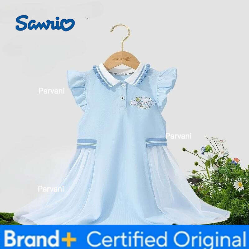 Sanrio Cinnamoroll Cute Summer New Girls Comfortable Cotton Skirt 2025 Cartoon Embroidery Mesh Lapel Dress Holiday Gift H260206 - view 3