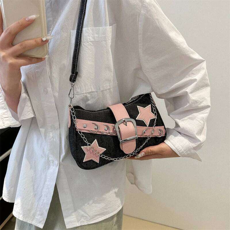 Fashion Women's Handbags Denim Stars Pattern Cool Girls Underarm Female Small Shoulder Hobo Bags Chain Tote Bag Y260205
