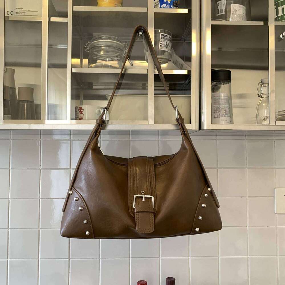 Retro Motocycle Shoulder Rivet Crescent Hobo PU Top-Handle Tote Bag with Belt Buckle for Women Work Travel Daily Use Y260205