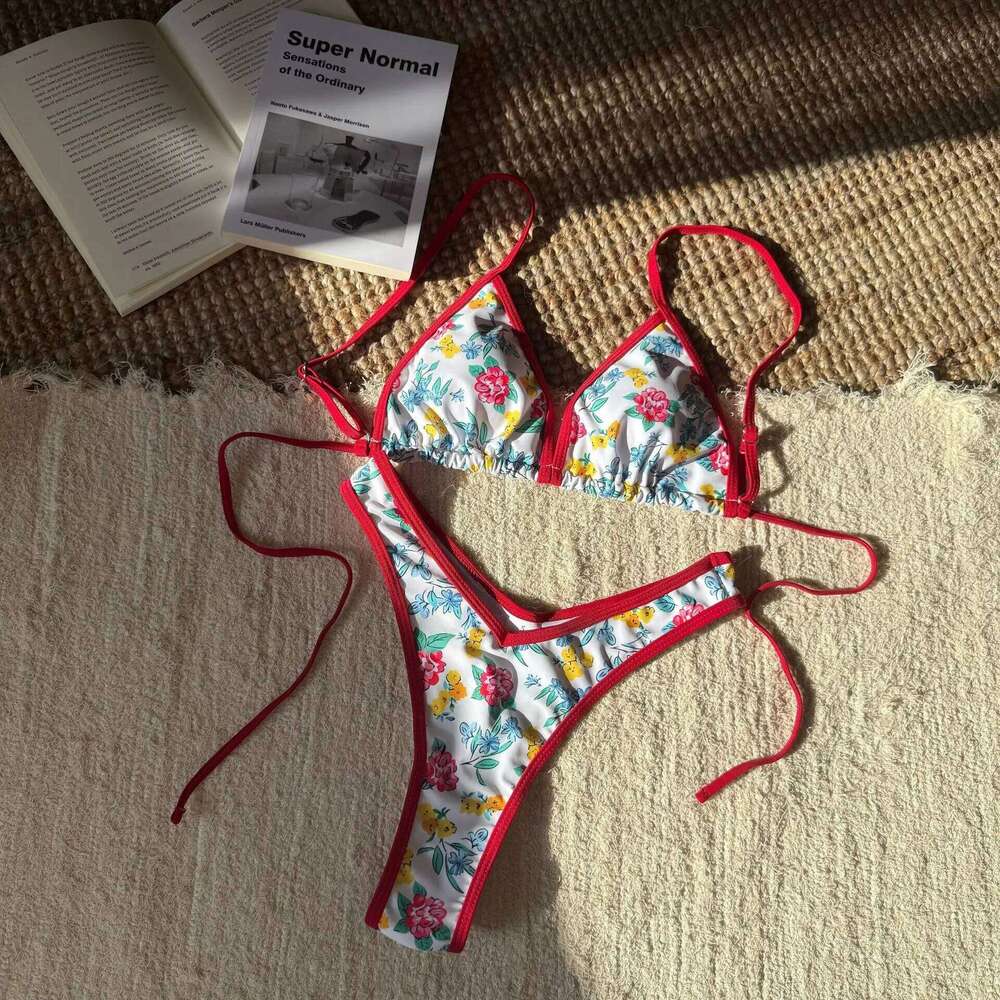 sexy flower print micro mini bikinis sets two pieces patchwork v-waist tie swimsuit bathing suit swimwear biquini tankini Z260206
