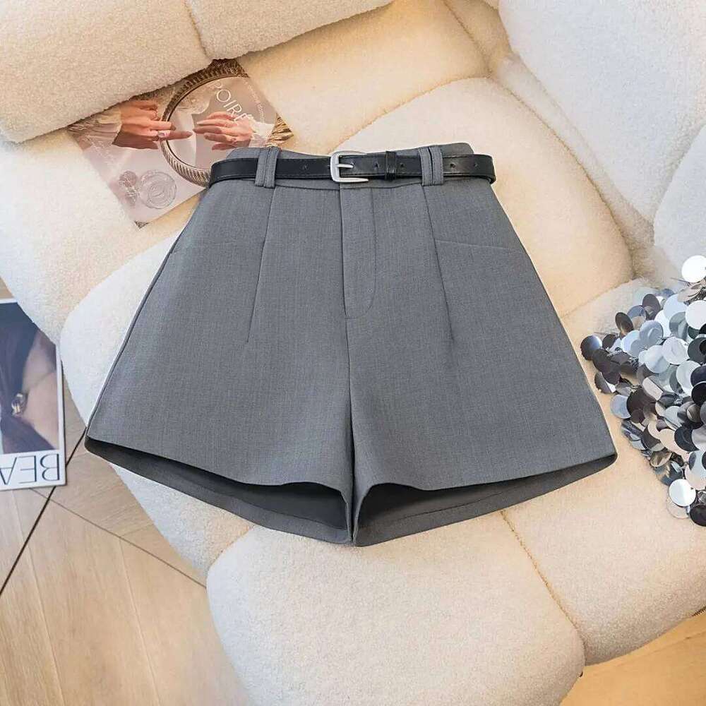 Gray Spring Autumn Casual Wide Leg Shorts Belt High Waist Suit Fabric Office OL Short Pants With Boots H260206