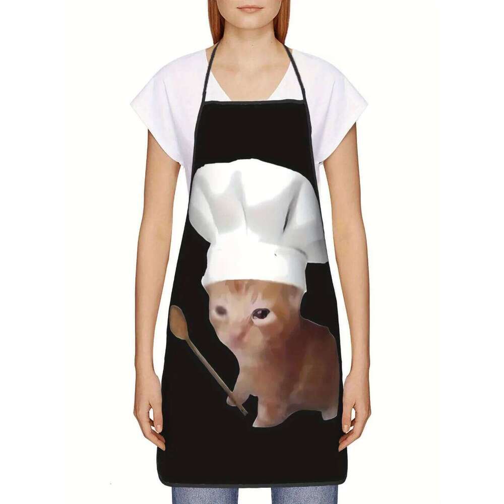 1 Piece Funny Cat - Kitchen Apron with Adorable Ginger-Brown Tiger-Cat Chef Hat, Perfect for Cooking, Baking S260205