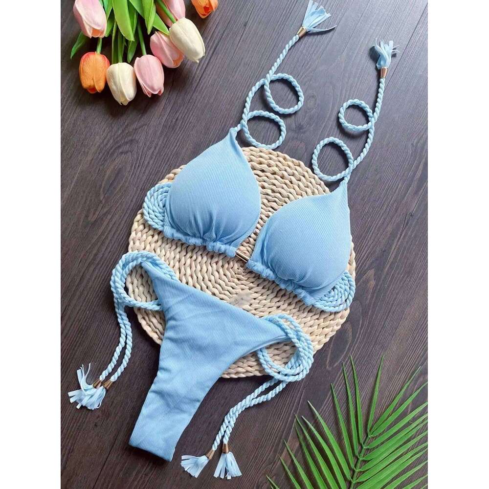 RUOTONSEPT 2024 Sexy Women Swimsuit Braiding rope Bikini Set Two-piece Triangle Solid Swimwear Bathing Suit Brazilian Biquinis Z260206