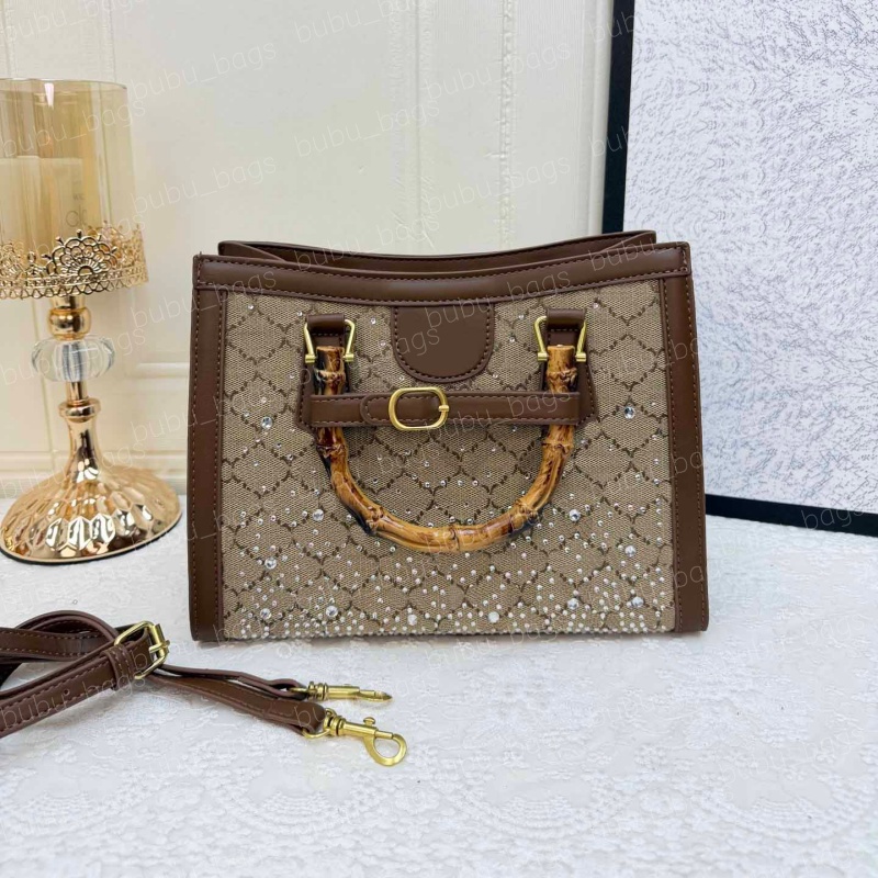 Vintage Designer Tote Monogram Rhinestone Tote Bag With Bamboo Handle Fashion Convertible Top Handle Crossbody Shoulder Bags For Women