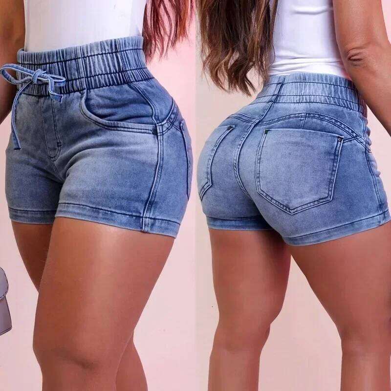 Summer Denim Short Women Jeans Shorts Stretch Mid Waist Sexy Slim Fit Drawstring Pleated Pockets Slight Solid Regular C260206