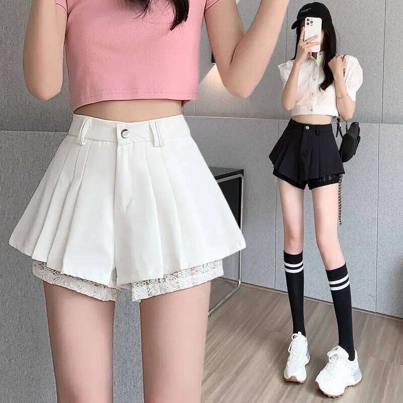 High Waist Lace Patchwork Silk Short Women's Spring Summer Thin Wide Leg Skirt Pants Casual Style Small Size Pleated XJ260206