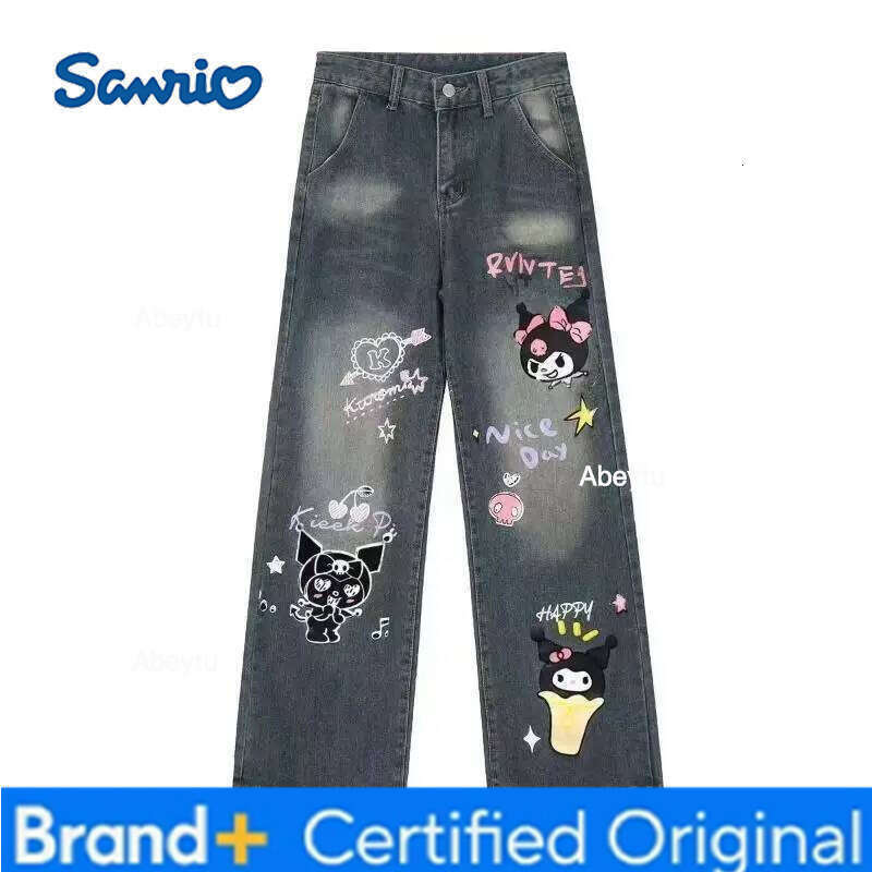 Sanrio s Kawaii Jeans Kuromi Student Trousers Versatile Loose Wide Leg Pants Sweet New Style Simple Trendy Print High End Gifts H260206