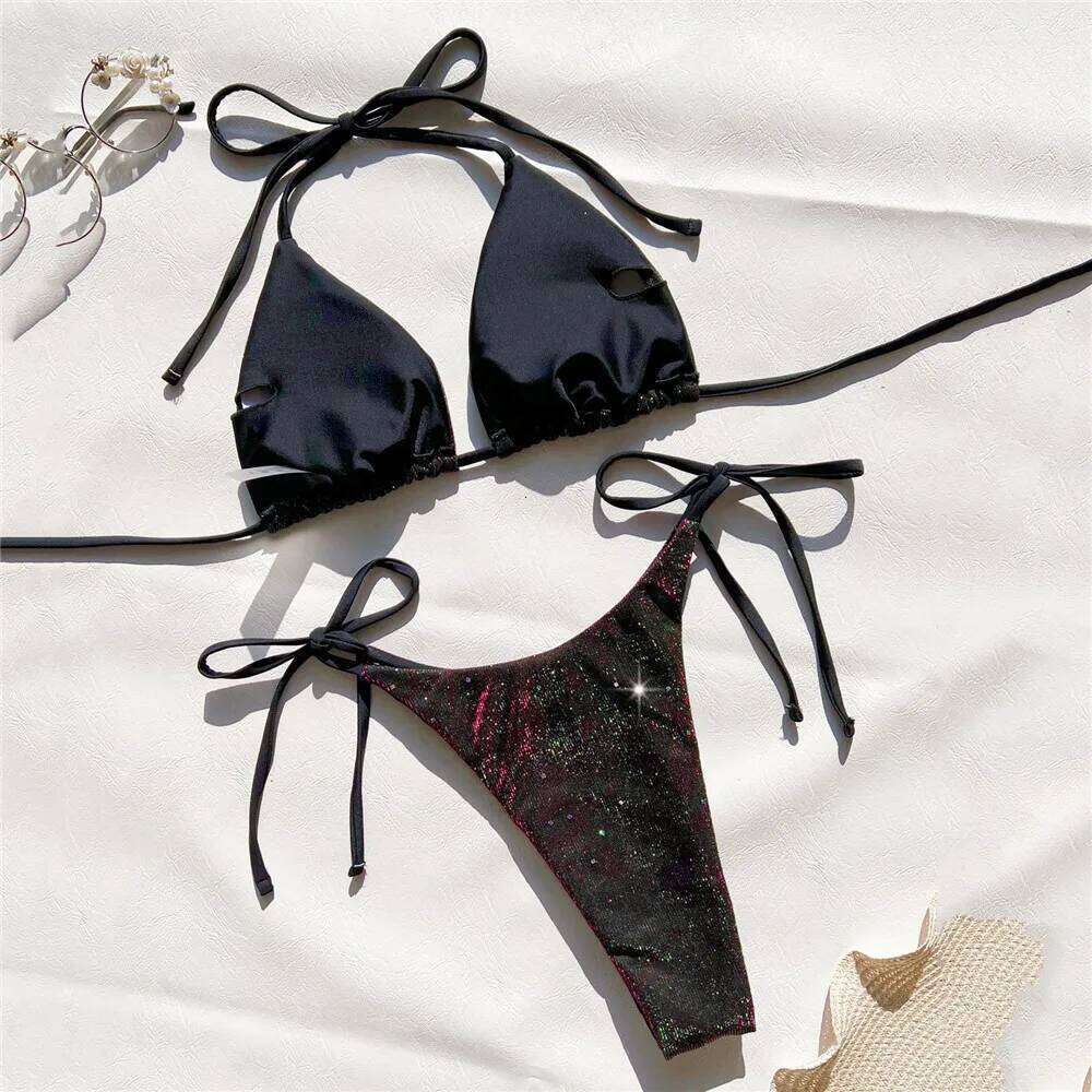 Shiny Purple String Halter Swimwear Triangle Bikinis Sets Swimsuit 2024 Micro Thong Lace-up Bathing Suit Sexy Bikini Mujer XJ260206