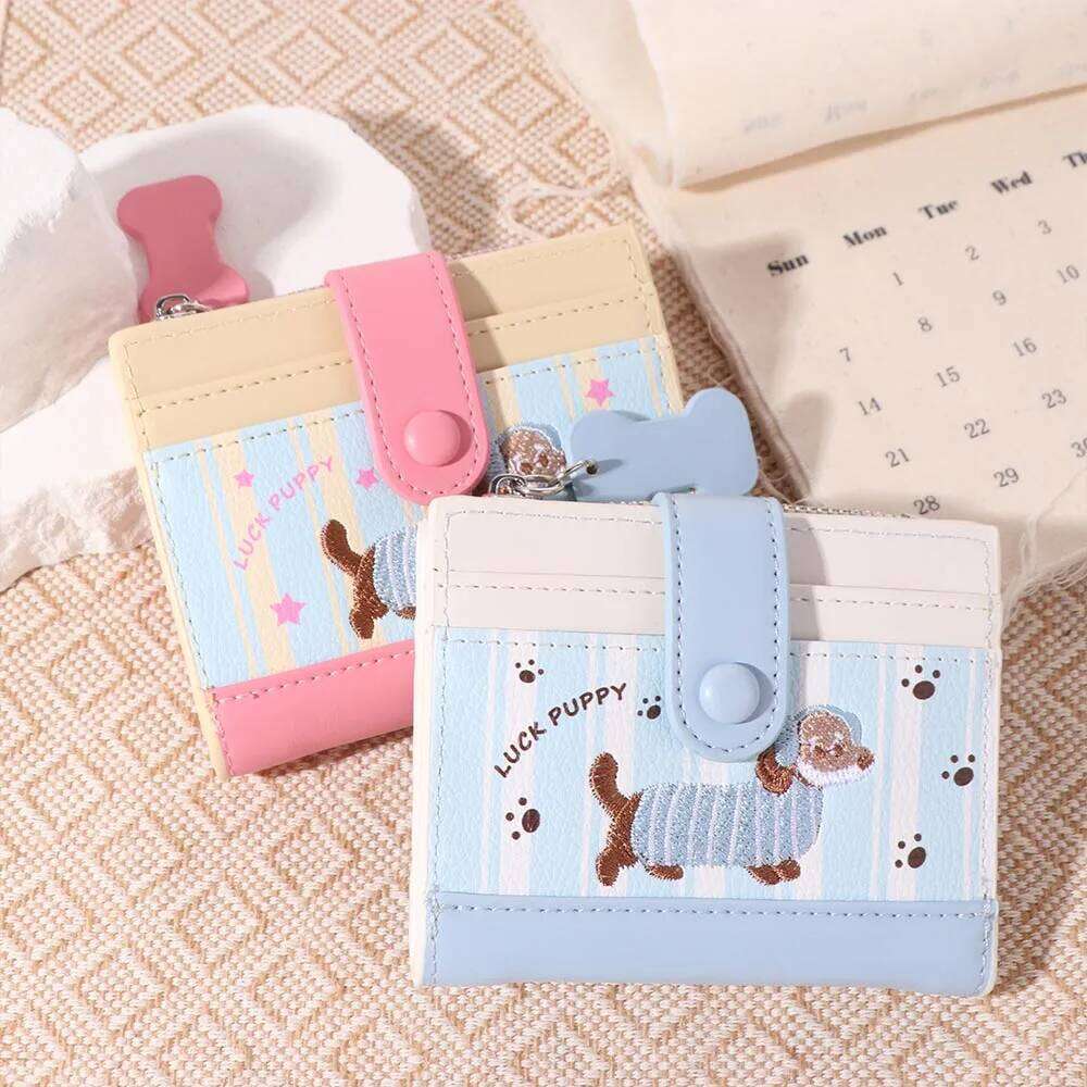 Sweet Dopamine Color Dachshund Embroidery Coin Purse Zipper Pouch Cartoon Pu Wallet Ins Korean Style Small Item Bag Children Y260206