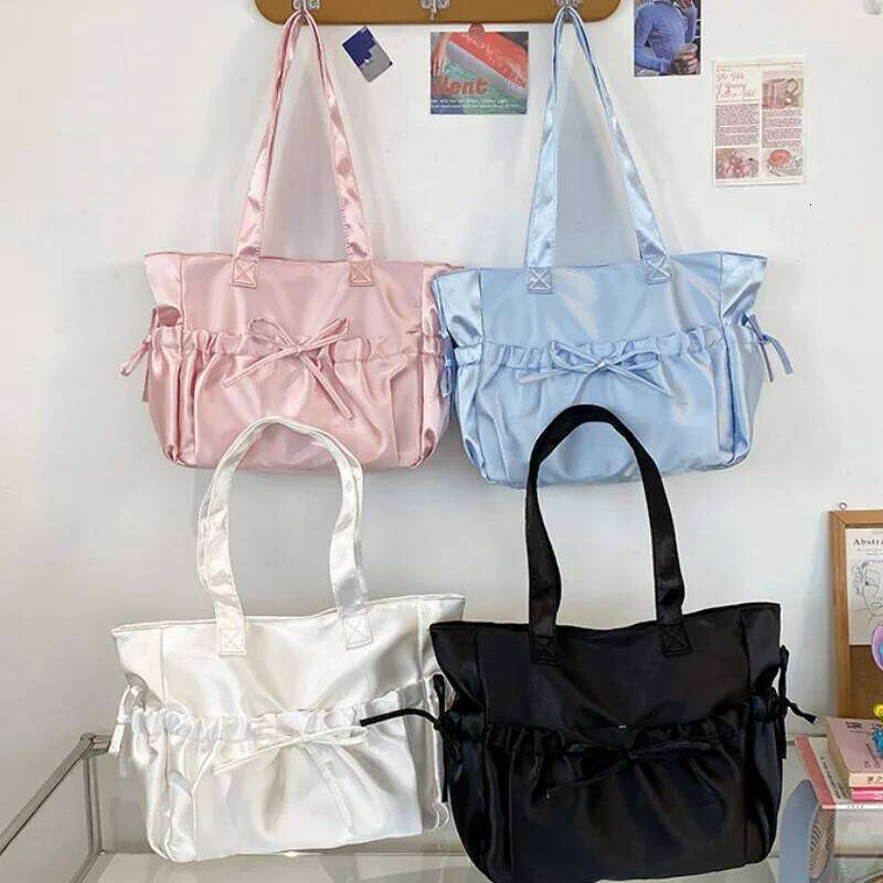 Sweet Ballet Girl Tote Ruched Bow Chic Student Preppy Style Shoulder Bag Large Capacity Cute Elegant Handbag Y260205