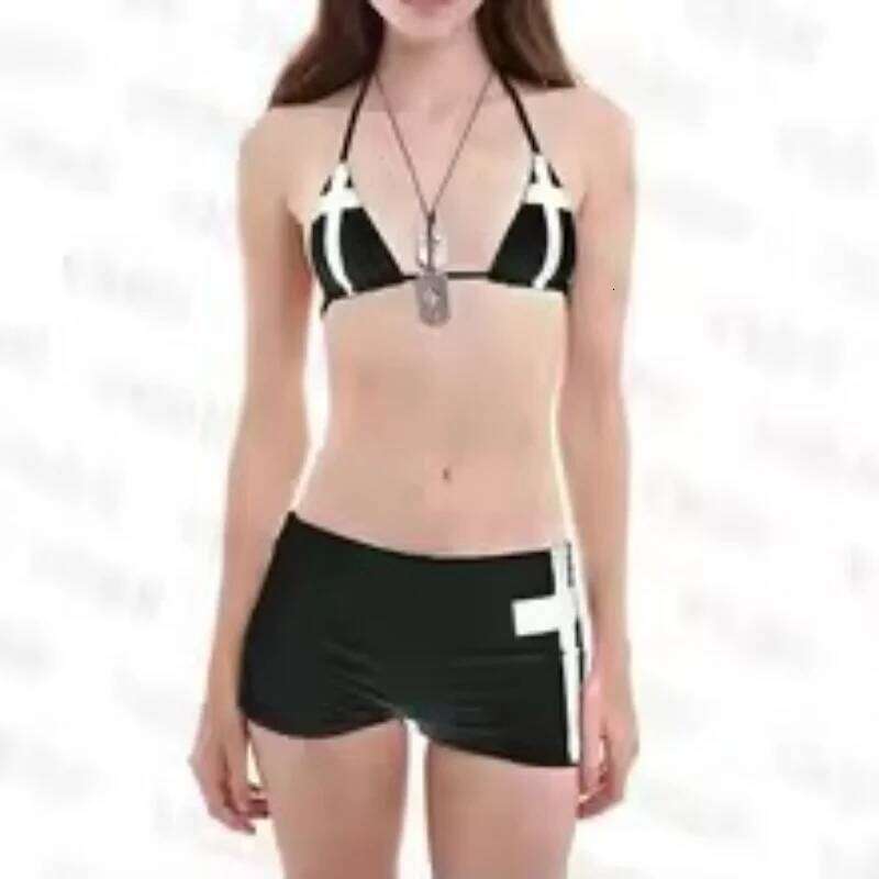 2026 Personalized Summer Beach Women's Wear Hanging Neck Bikini Set Cross Print Low Waist Sexy European and American Z260206