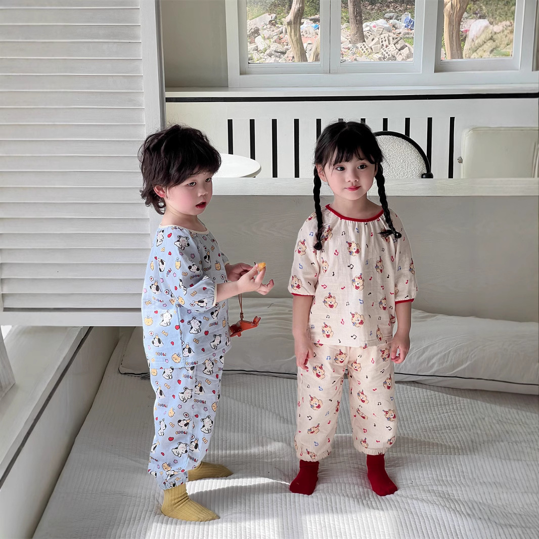 Pajamas Spring Children Cotton double gauze soft pajama sets Boys Girls cartoon long sleeve Tops and pants Homewear 230503