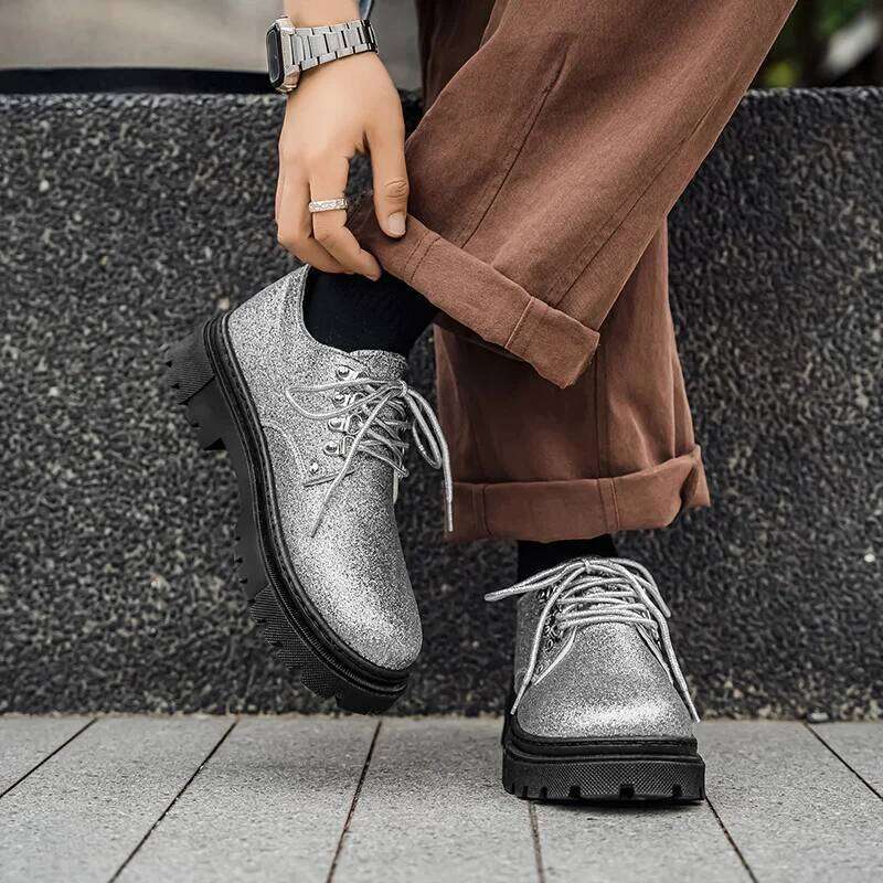 Men's Spring Autumn New Style Personalized Sequined Gold and Silver Leather Shoes Trendy Versatile Performance Short Boots Fashionable Wear-Resis