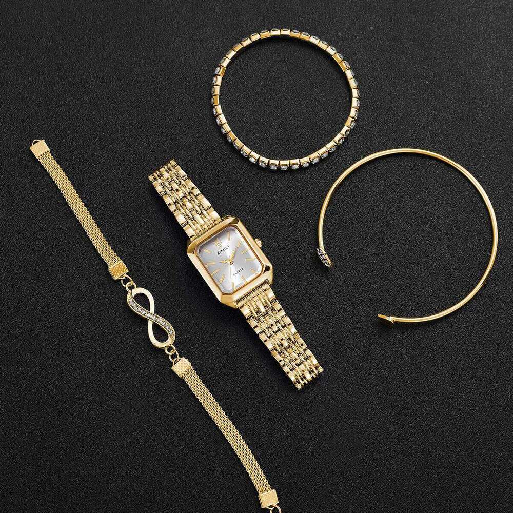 4PCS Fashion Rectangle Women Watches Luxury Stainless Steel Band Ladies Quartz Watch Rhinestone Bracelets Set Reloj Mujer Z260206