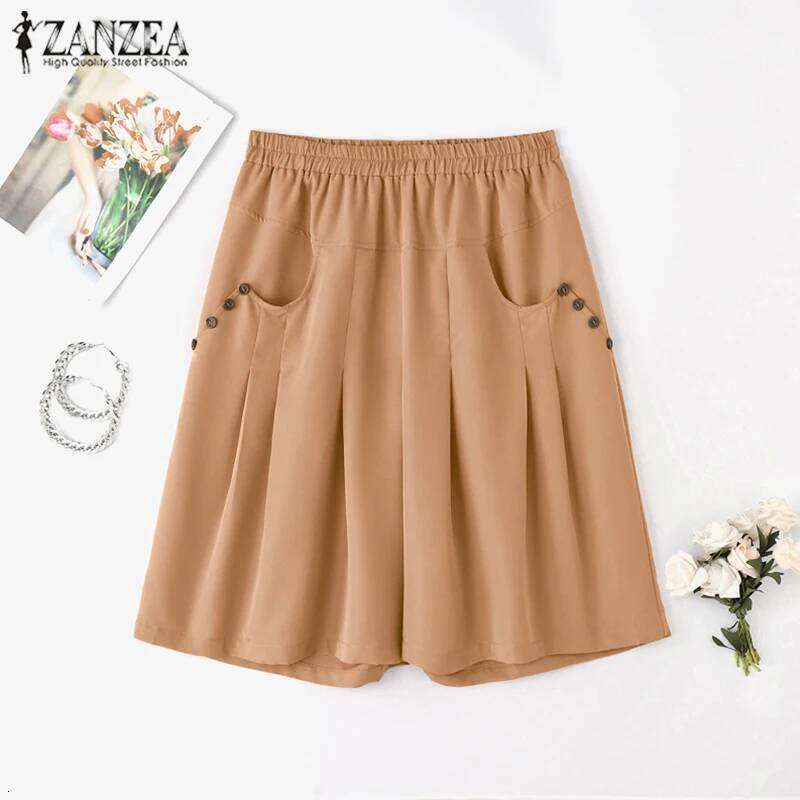 ZANZEA 2025 Summer Women Solid Half Shorts Fashion Elastic Waisted Button Short Pants Casual Pocket Overalls Korean Bottoms XJ260206