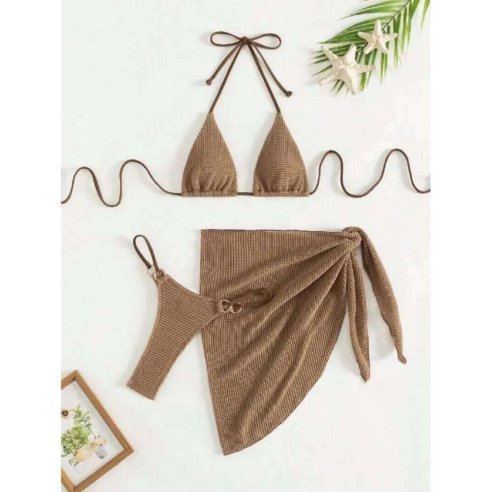 Sexy Brown Bikini Set 2025 Women Halter Push Bra Skirt 3 Piece Swimsuit Summer Bathing Suit Cover Up Thong Swimwear Biquini Z260206