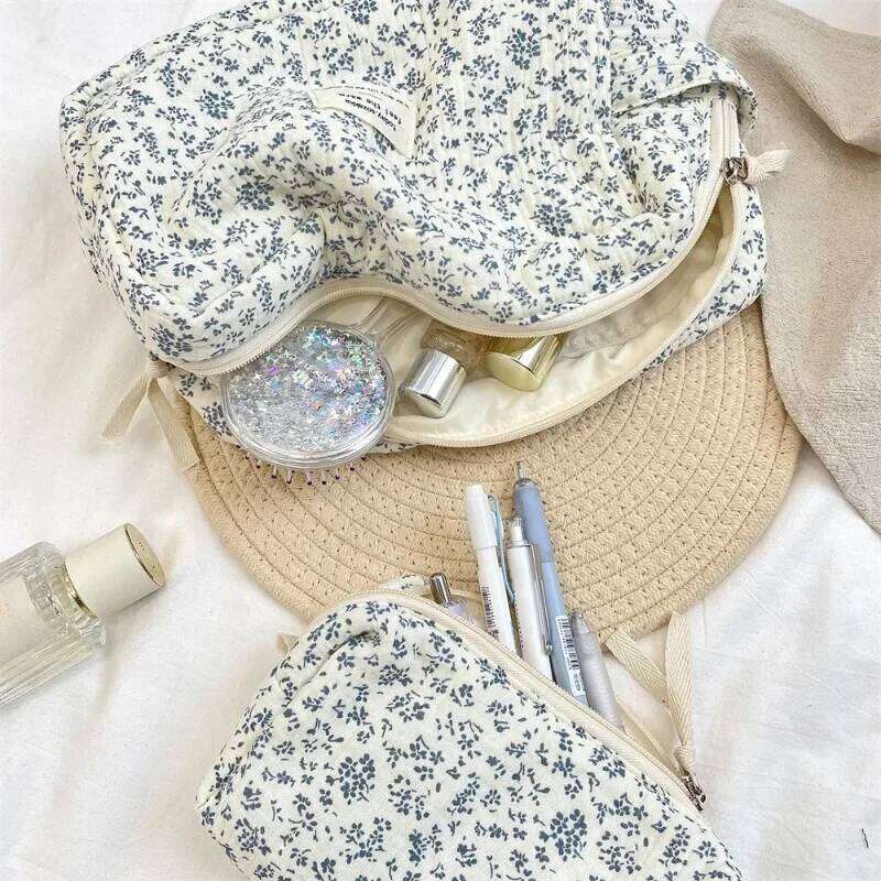 Women Essentials Storage Bags Large Capacity Blue Begonia Cosmetic Bag Travel Toiletry Organizer Makeup Pouch Y260206