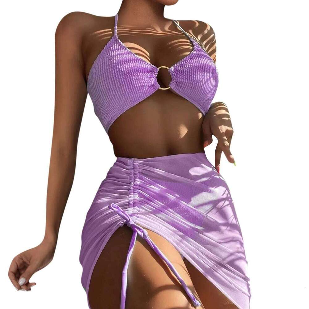 Women'S Summer Beach Swimwear Four Piece Sexy Mesh Cover Up Three Pointed Bikini Swimsuit Fashion Beachwear XJ260206