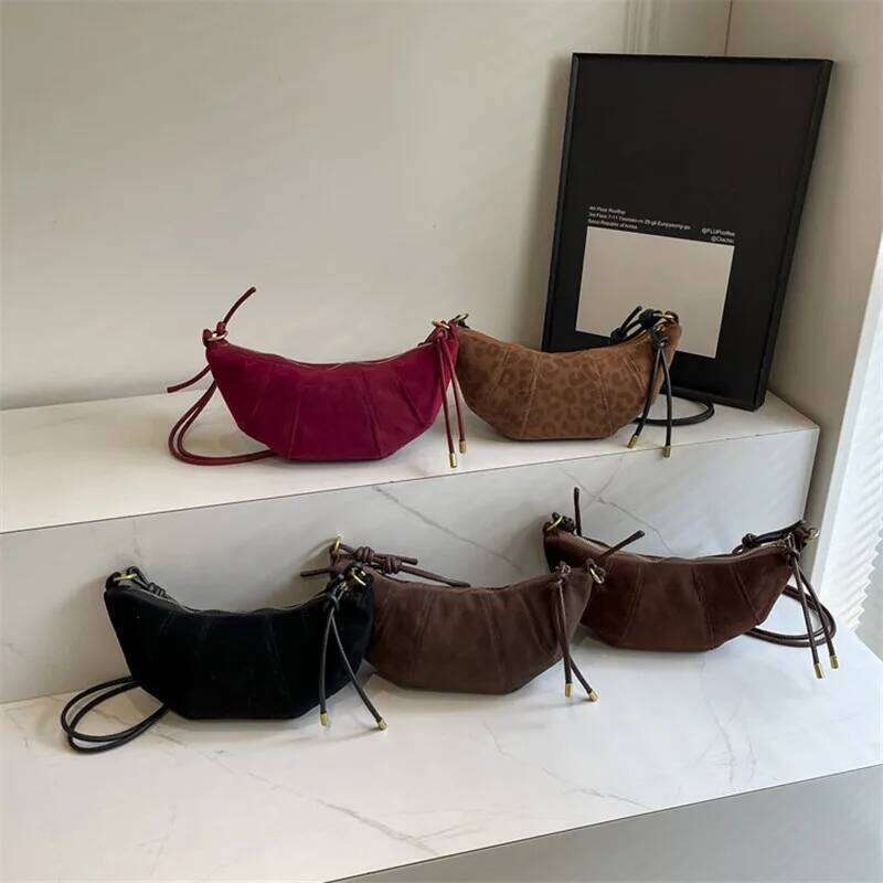 Suede Crescent Mini Bags Stylish Drawstring Design, Leopard Solid Hues, Gold Accents Compact, Trendy Versatile for Casual Outfit Y260205