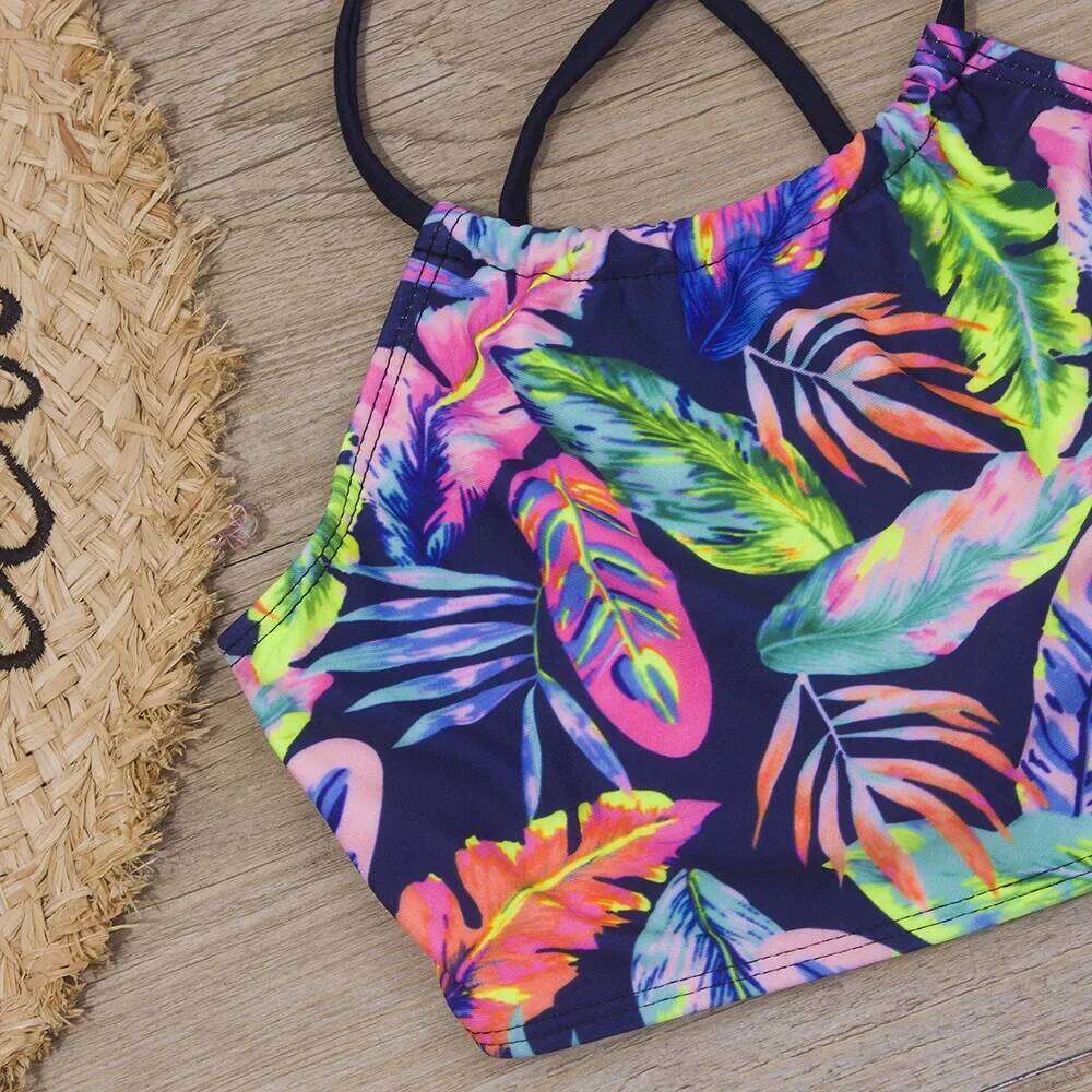 Teen Girls Swimsuits Two Pieces Bathing Suits For Kids Print Feather Bikinis Sets Swimwear Children Beach Swim Bodysuit 7-14Year XJ260206