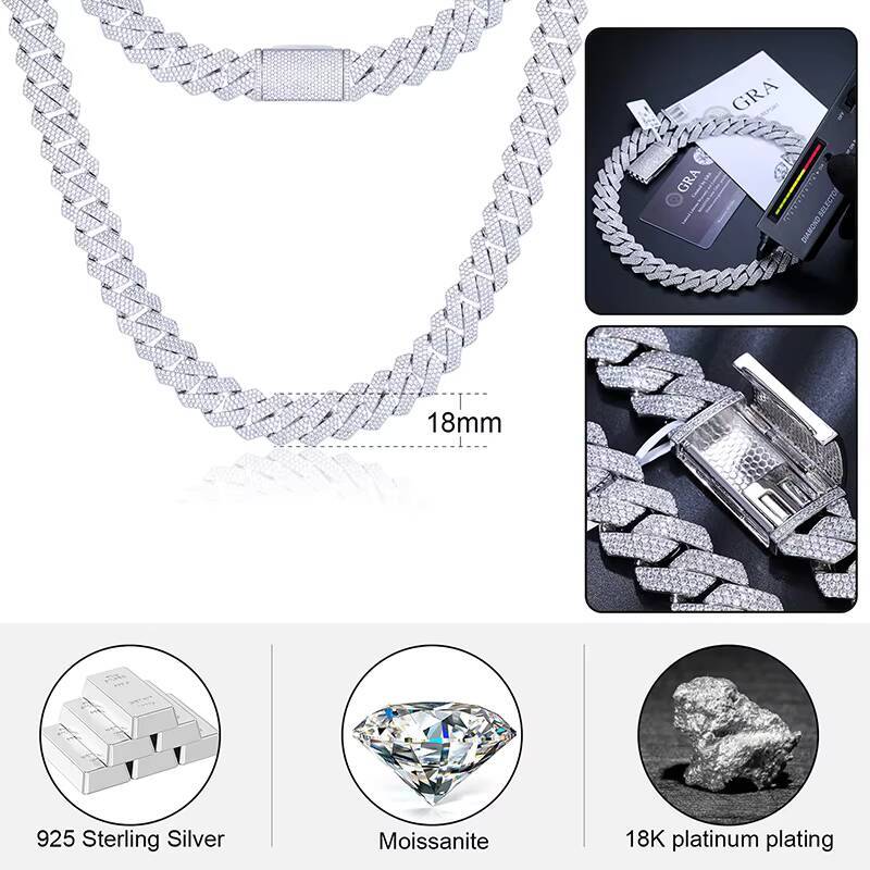 Xs Pass Tester Bling Hop Jewelry 18mm 925 Sterling Silver Vvs Moissanite Iced Out Miami Cuban Link Chain for Men