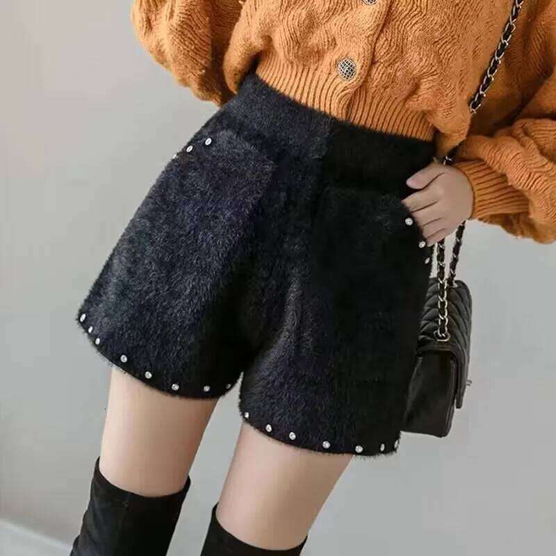 2025 Elastic High Waist Plush Autumn Winter Artificial Mink Wool Women Femme Casual Ladies Shorts Black Boots Pant XJ260206