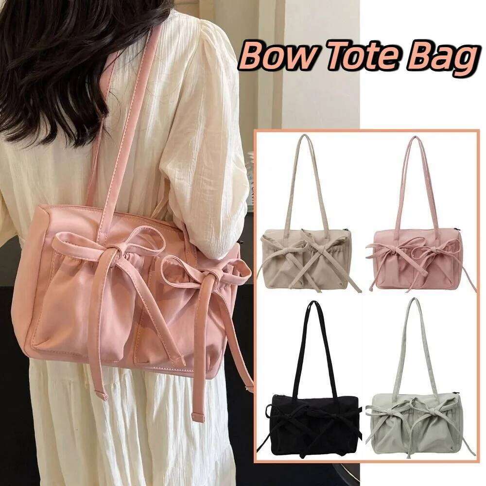 Leisure Bowknot Bow Nylon Tote Large Capacity Korean Style Underarm Handbag Canvas Armpit Bag Girls Y260205
