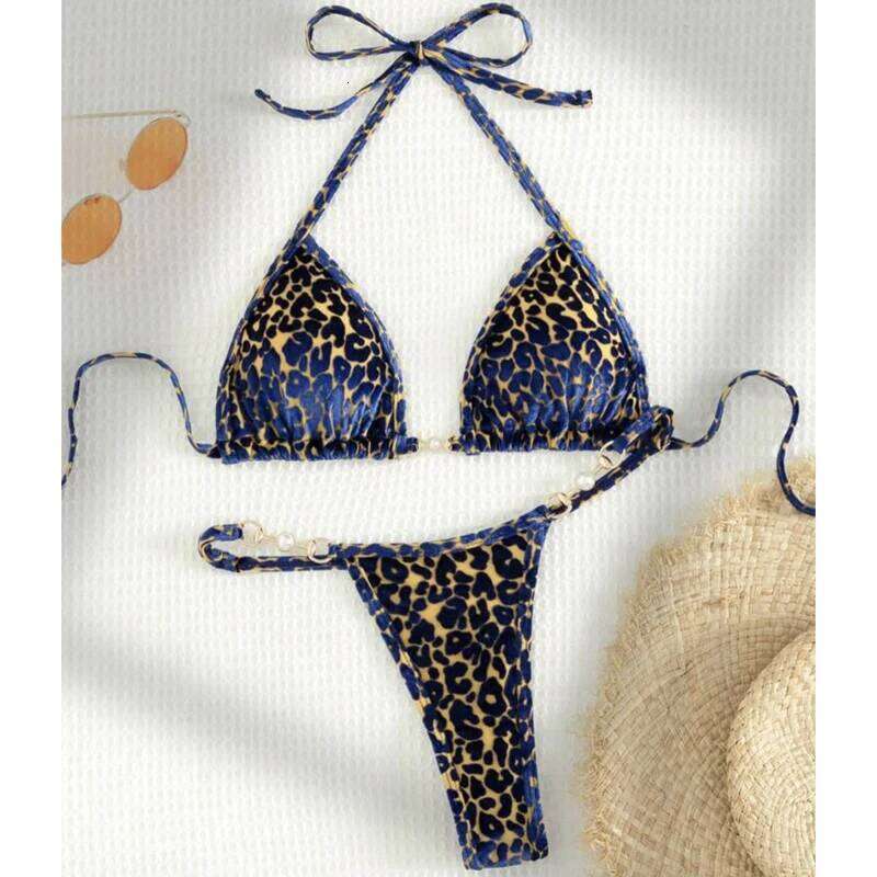 Sexy Leopard Velvet Mini Micro Thong Bikinis Women Swimwear Female Swimsuit Two-piece Bikini Set Halter Bathing Suit Swim Z260206