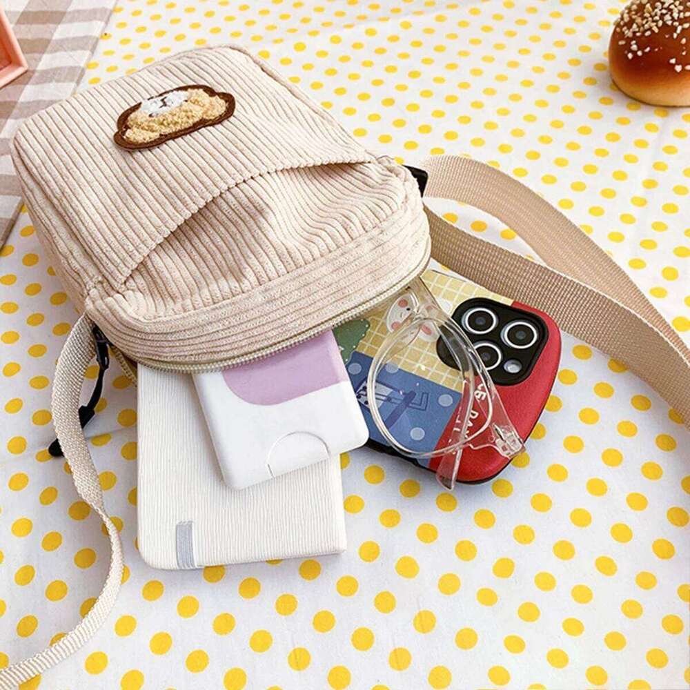 Khaki corduroy fashion small exquisite mobile purse with a simple and fresh cute cartoon shoulder crossbody bag XJ260129